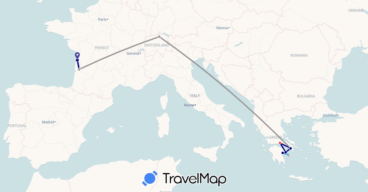 TravelMap itinerary: driving, plane, hiking, boat in Switzerland, France, Greece (Europe)