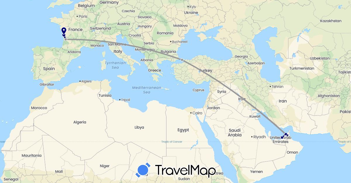 TravelMap itinerary: driving, plane in United Arab Emirates, France, Turkey (Asia, Europe)