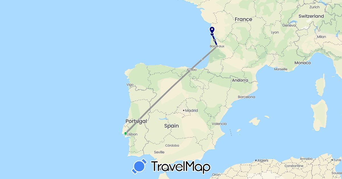 TravelMap itinerary: driving, bus, plane, boat in France, Portugal (Europe)